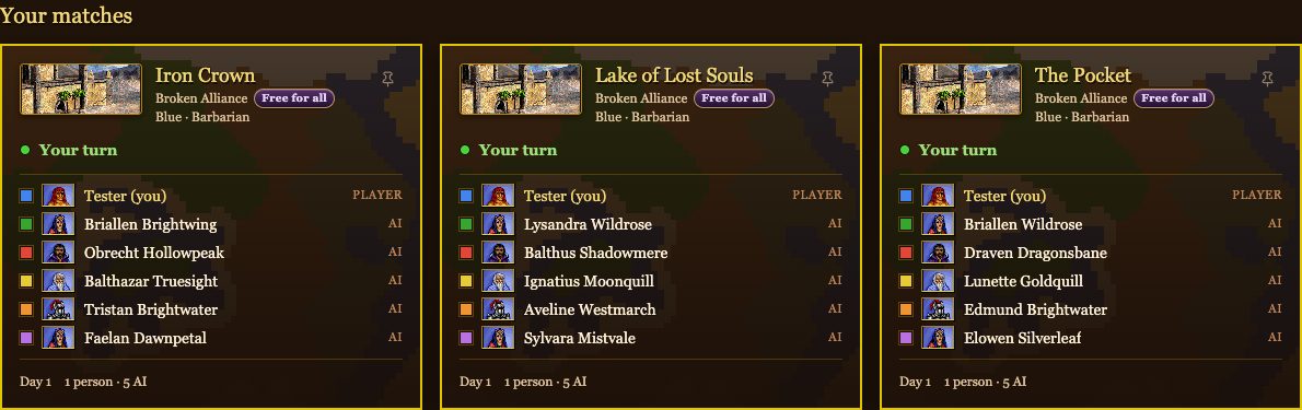 Match cards: each game's map, your castle, whose turn it is and who plays