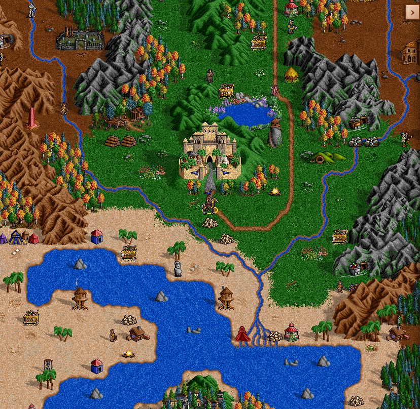 A hero on the adventure map beside a castle, mines and a river
