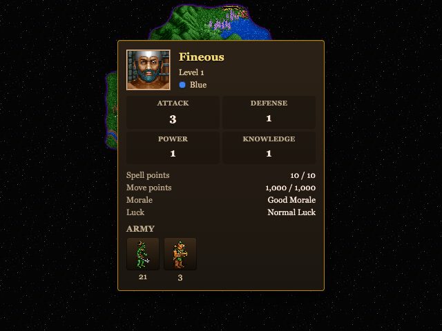 Right-click quick info on a hero: skills, morale, luck and army